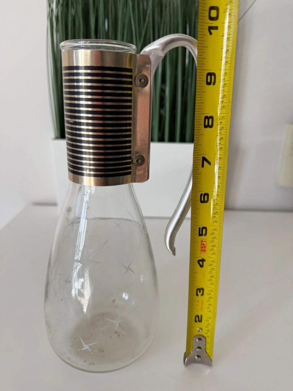 Vintage Glass Pitcher Carafe Atomic Starburst Metal Handle Mid Century